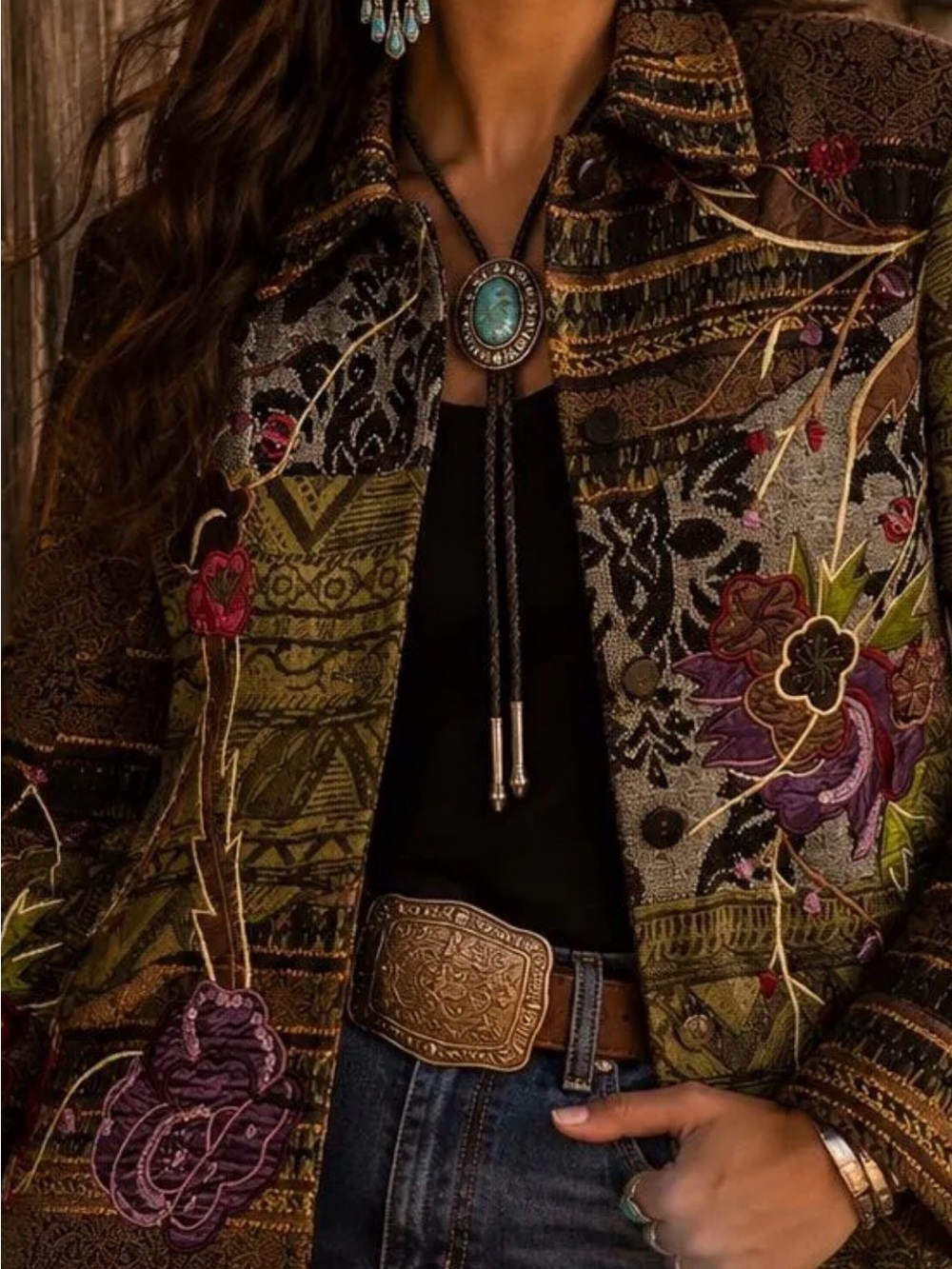 Coldwater Creek Sequins Embroidered Floral Patchwork Tapestry Jacket